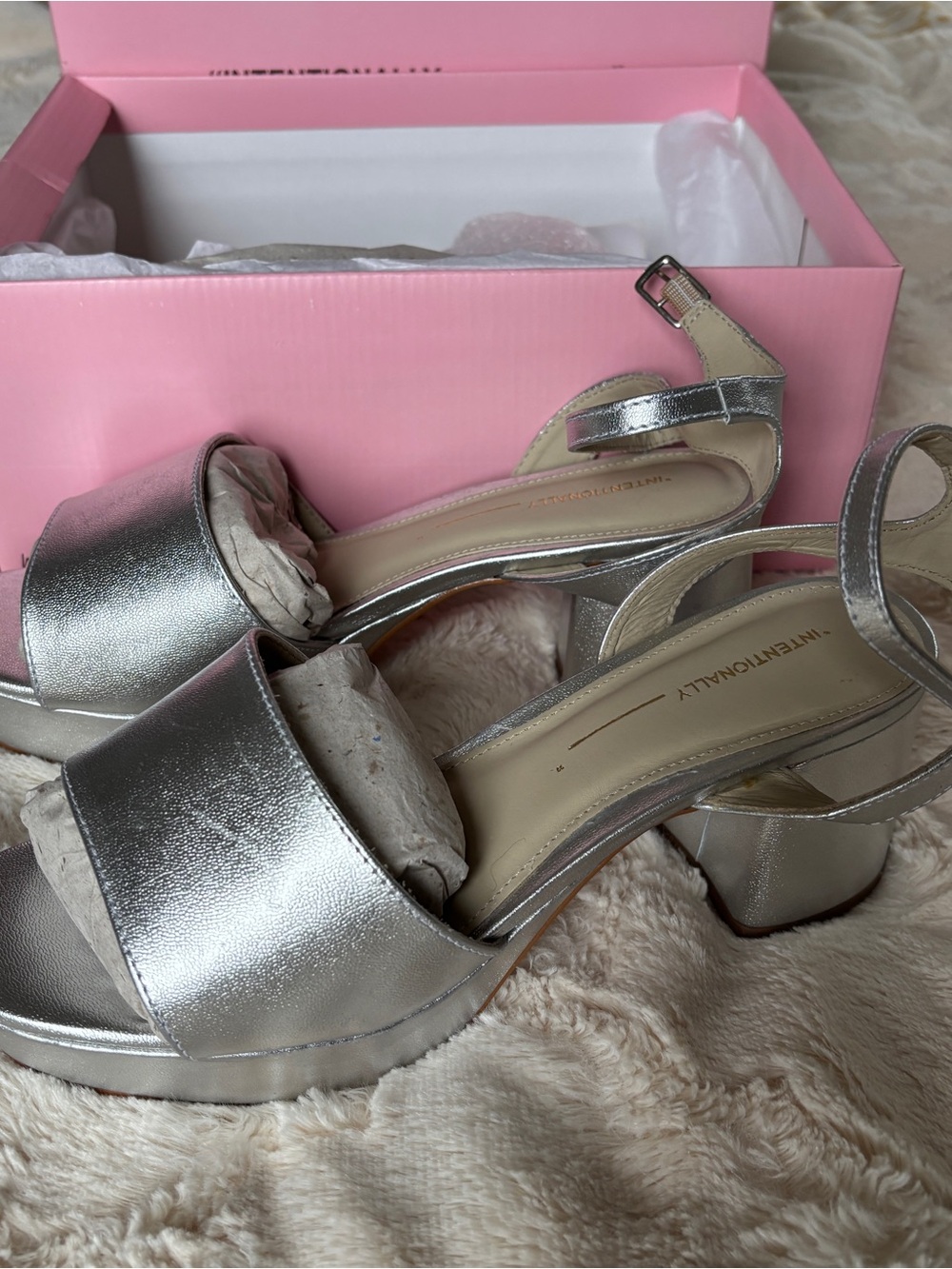 INTENTIONALLY BLANK Silver Platform Block Heel Sandals for Women